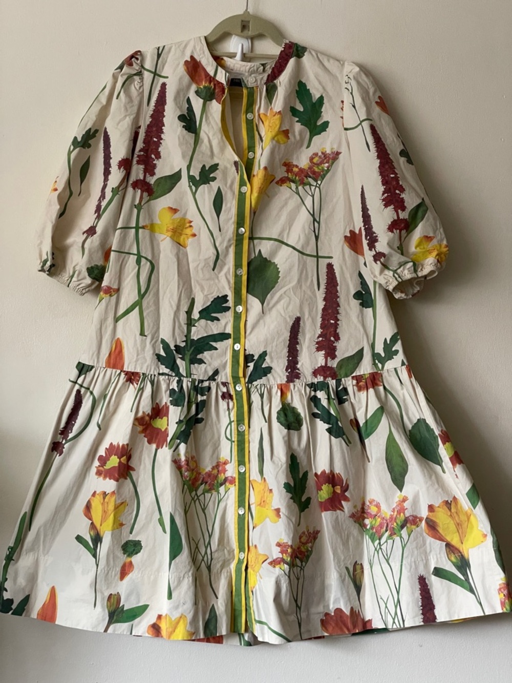 Floral Midi Shirt Dress Cream Botanical Cotton Poplin Elbow Puff Sleeve relaxed